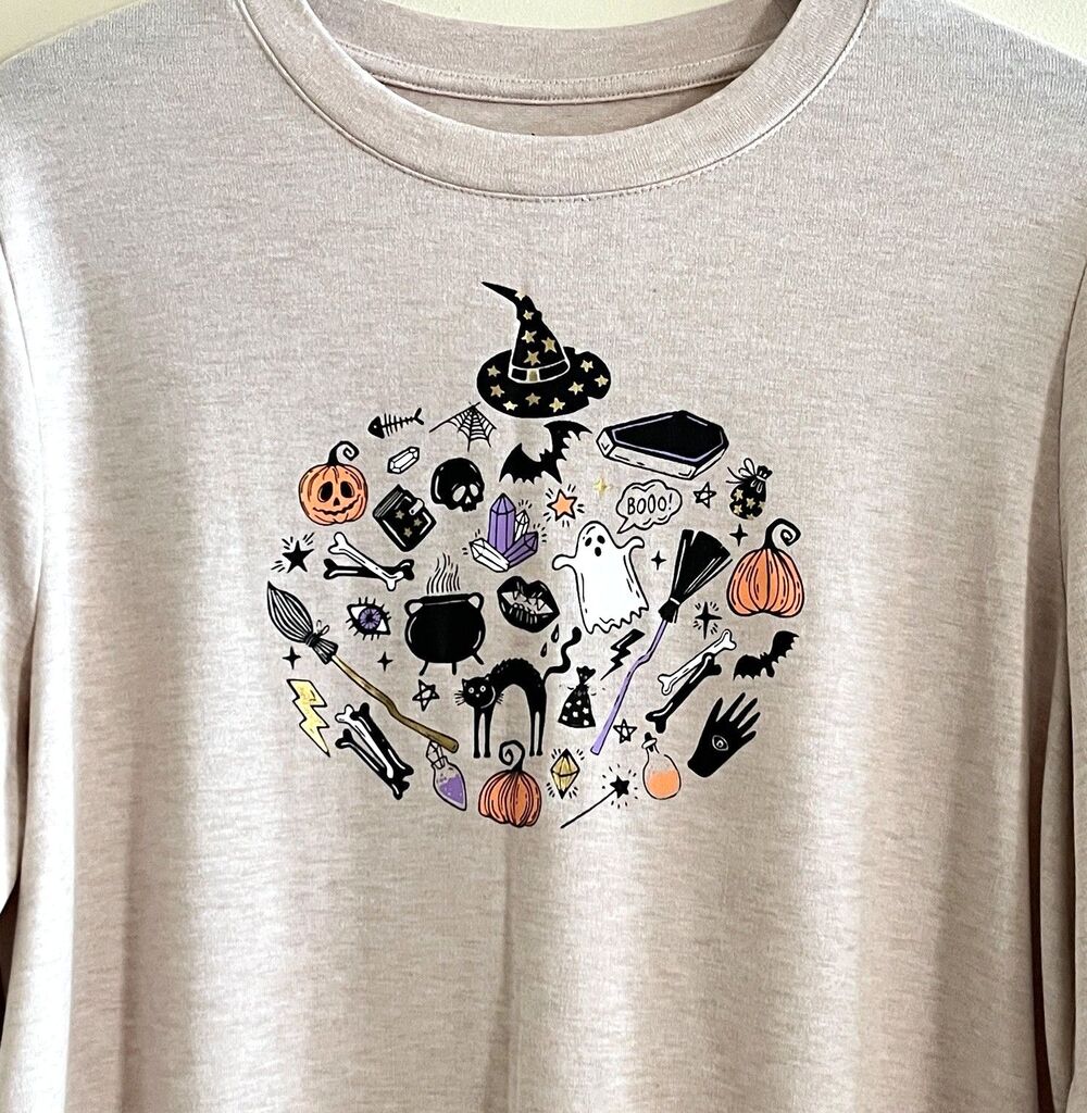 Halloween Knit Comfort Top XL Long Sleeve Cat Pumpkins Witchy Holiday Whimsigoth